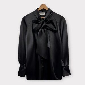 ShopEvelynne Black Satin Bow Tie Blouse